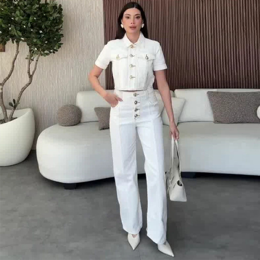 Forever 21 Summer White High-Waist Straight-Leg Pants 2-Piece Set